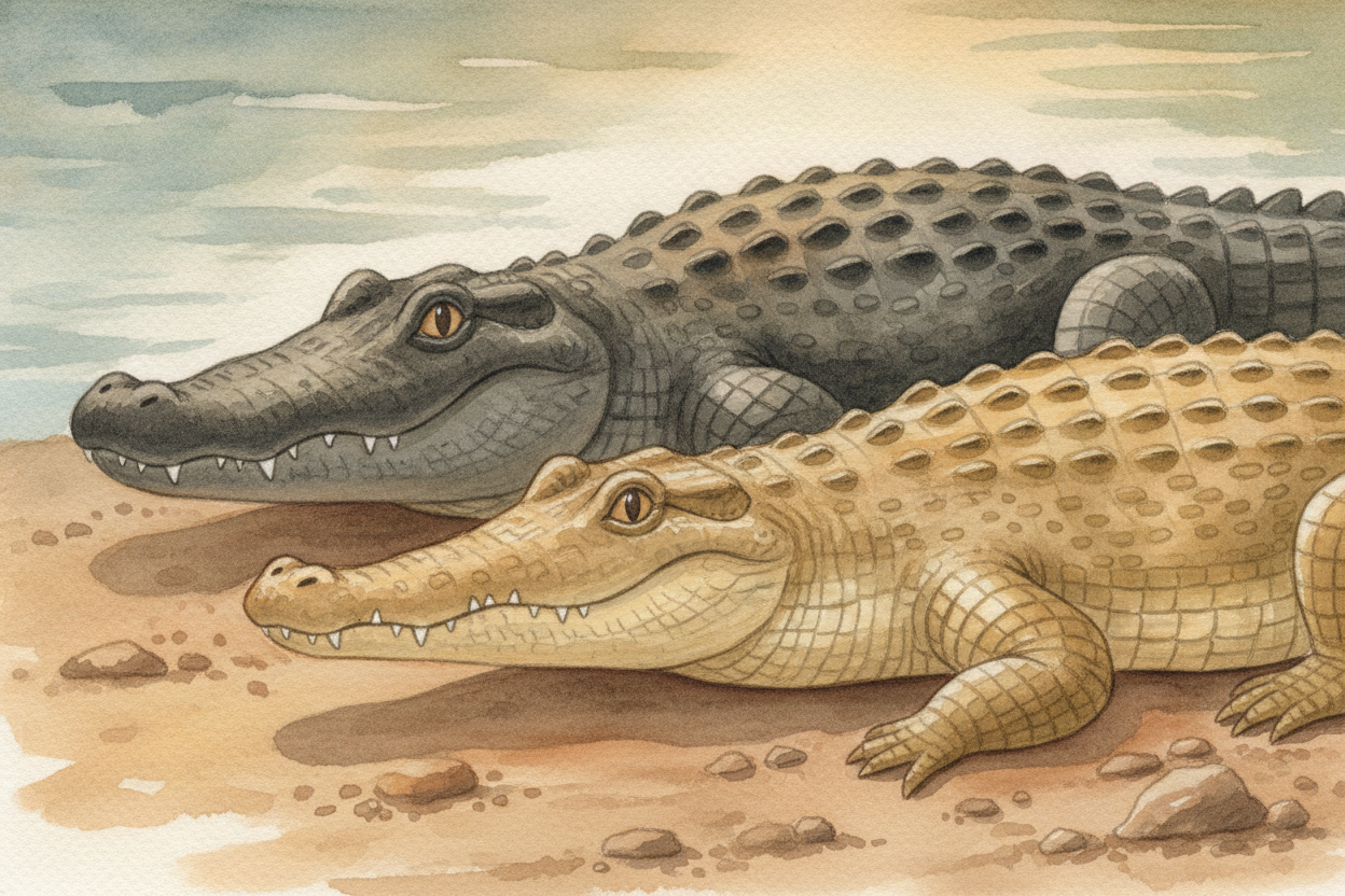 **Their skin tells on them too**. Alligators tend to be darker — *almost blackish-grey, like wet stone*. Crocodiles lean