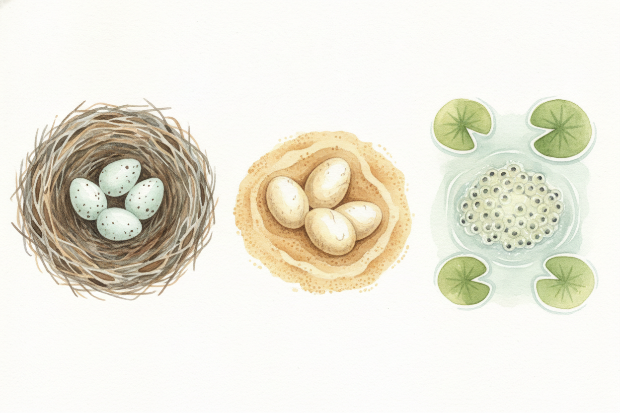Look at those eggs more closely. Birds lay **hard-shelled eggs**, often in a tidy nest. Reptiles lay **leathery, bendy-s