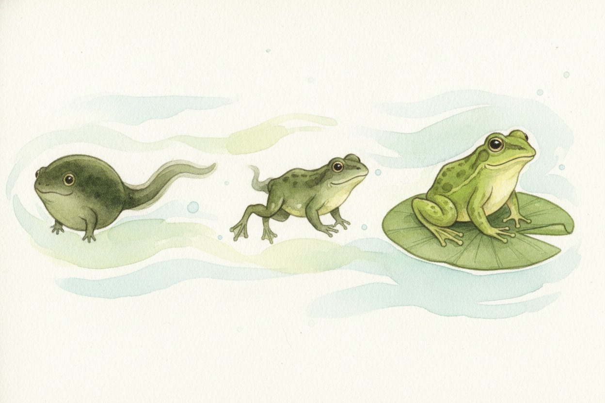 Amphibians deserve a spotlight, because their name means ~~"two lives."~~ A frog starts as a tadpole — a tiny swimmer wi