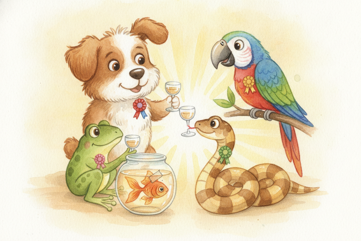 **And that's the whole party, sorted at last.** The dog (**fur, warm, milk**) is a mammal. The parrot (**feathers, hard 