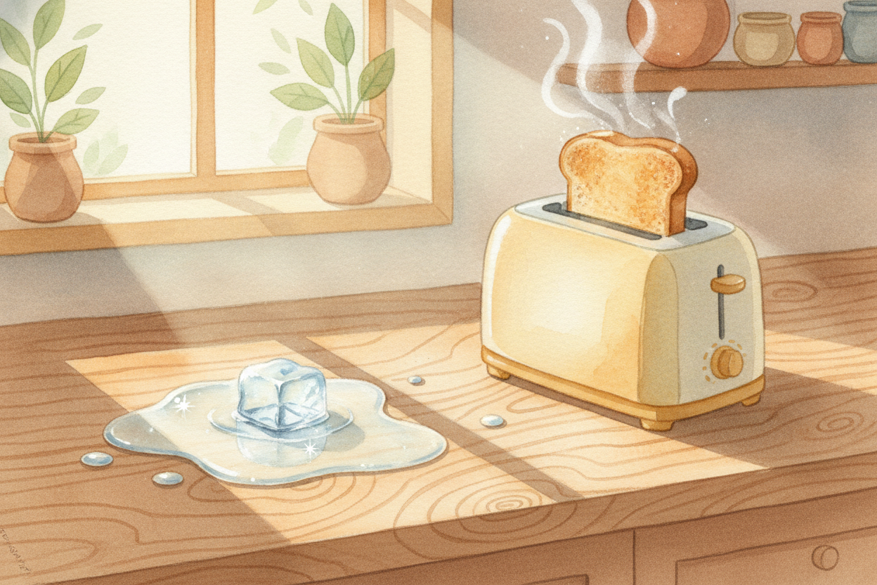 ~~Now go look again~~ at that kitchen from the start. The melting ice is just **water changing clothes**. The toasting b