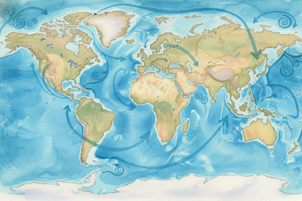 The oceans are also connected — **one continuous body of water** wrapping around the planet. You could swim from the ++A