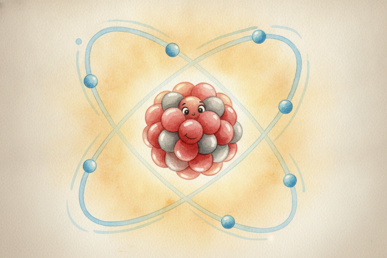 First, peek inside an atom. In the middle sits a clump called the ++nucleus++, packed with two kinds of particles: **pro