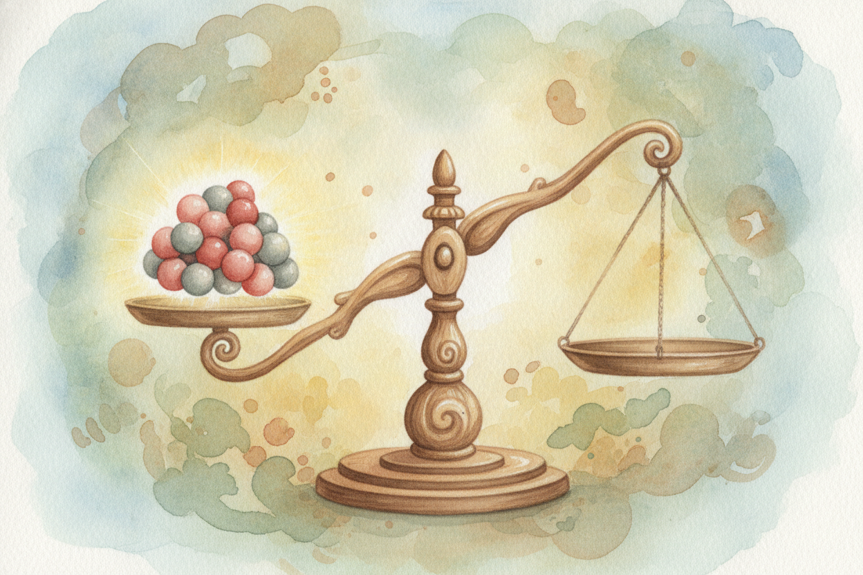 The **mass number** is a different count. It adds up the protons AND the neutrons together — every **heavy particle** in