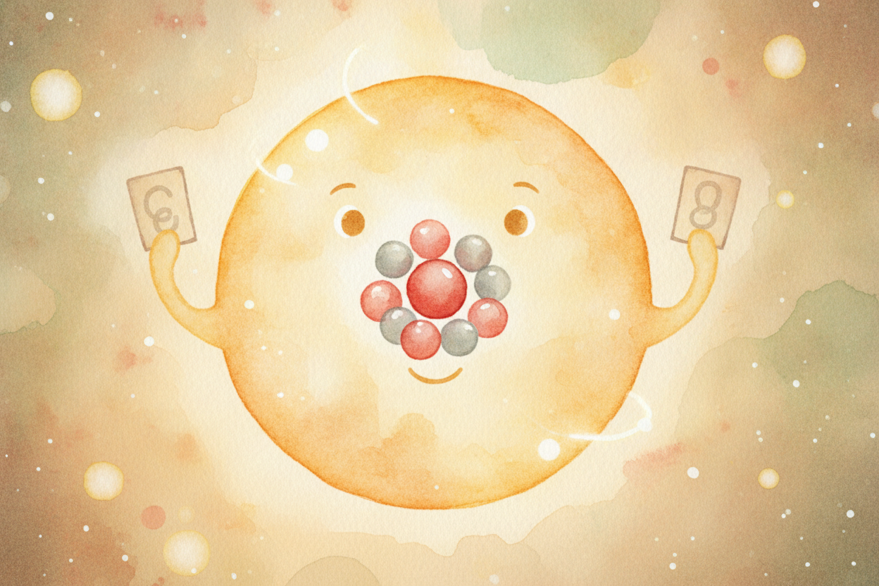 ~~So picture carbon.~~ It has **6 protons**, which makes its atomic number 6. Add **6 neutrons** sitting beside them, an