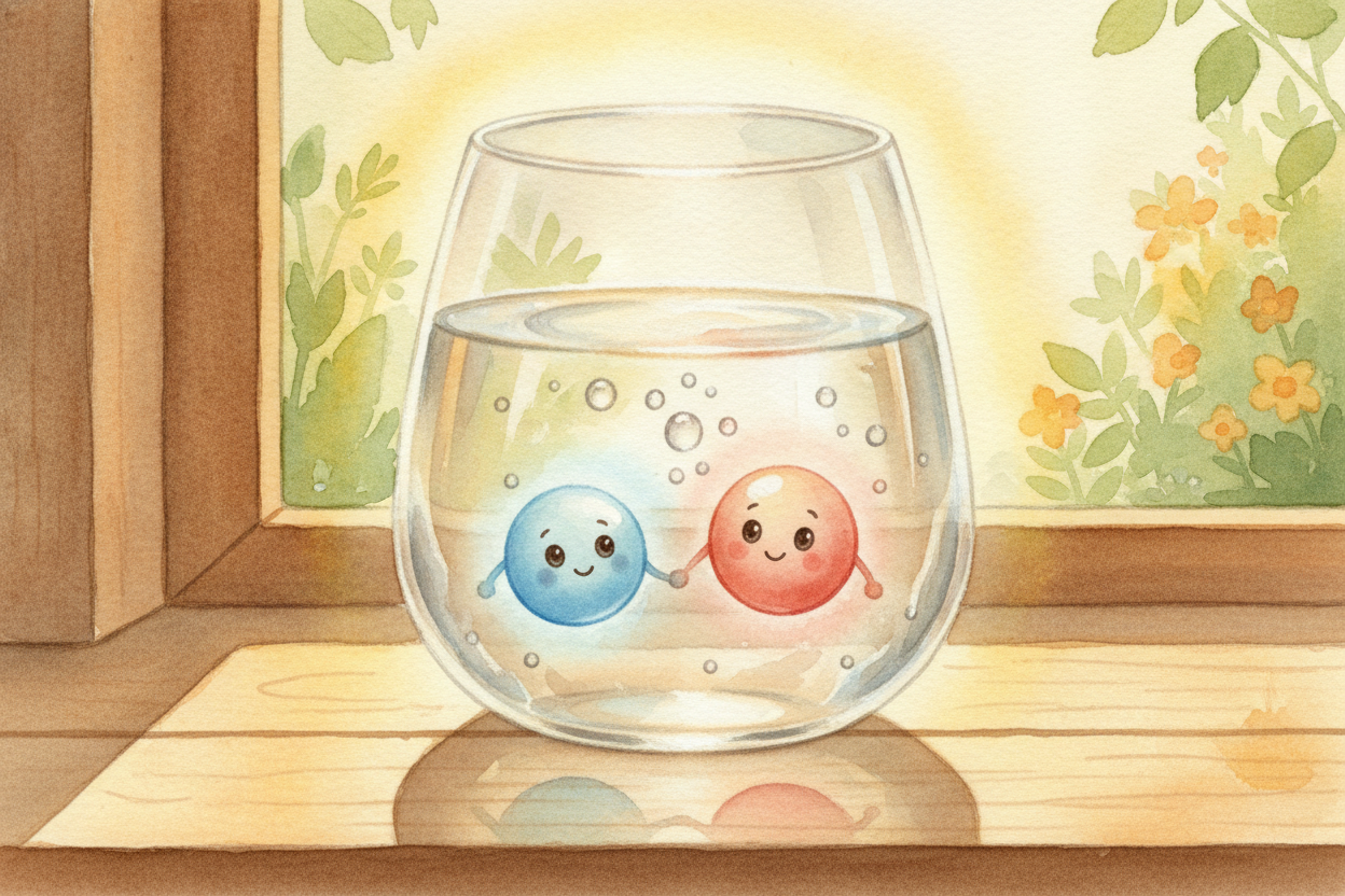 그러니 다음에 물을 한 모금 마실 때, 살짝 고개를 끄덕여 보세요. 여러분은 **요리법을 마시고** 있는 거예요. 따로 있을 때는 *전혀 음료 같지 않았던* 두 재료로 만든 요리법 말이에요. 온 세상은 **약 118