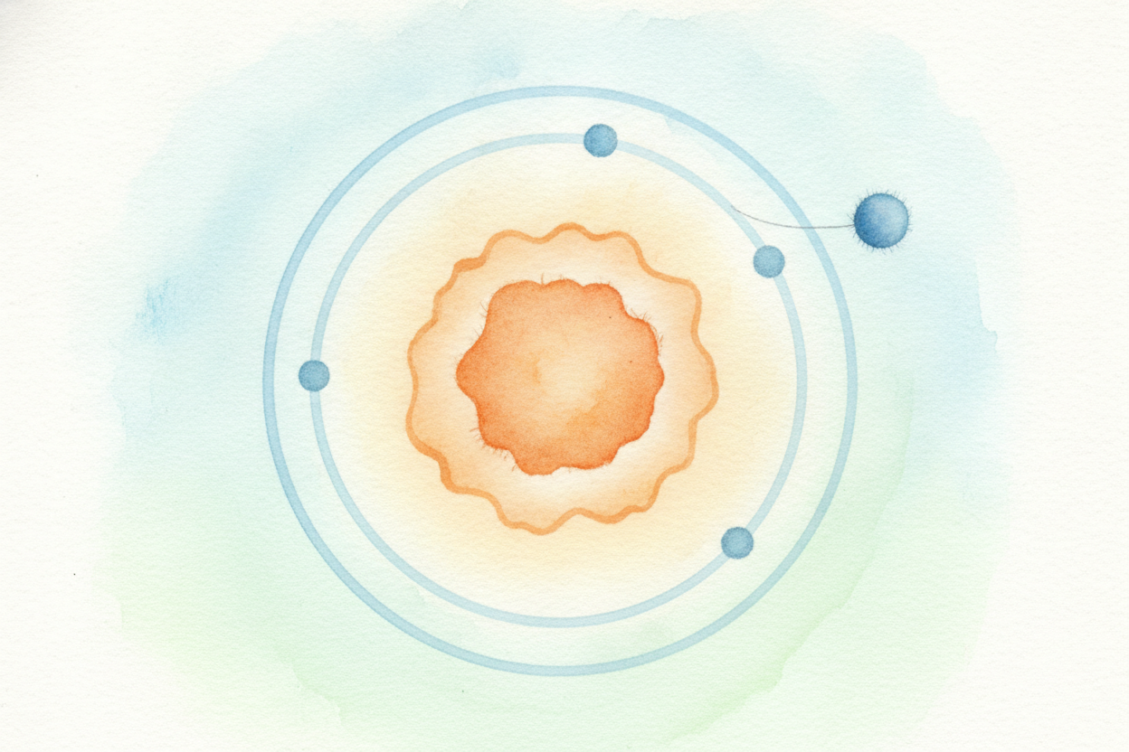 First, ~~the thing atoms are squabbling over~~: electrons. Electrons are tiny specks that **buzz around the outside** of