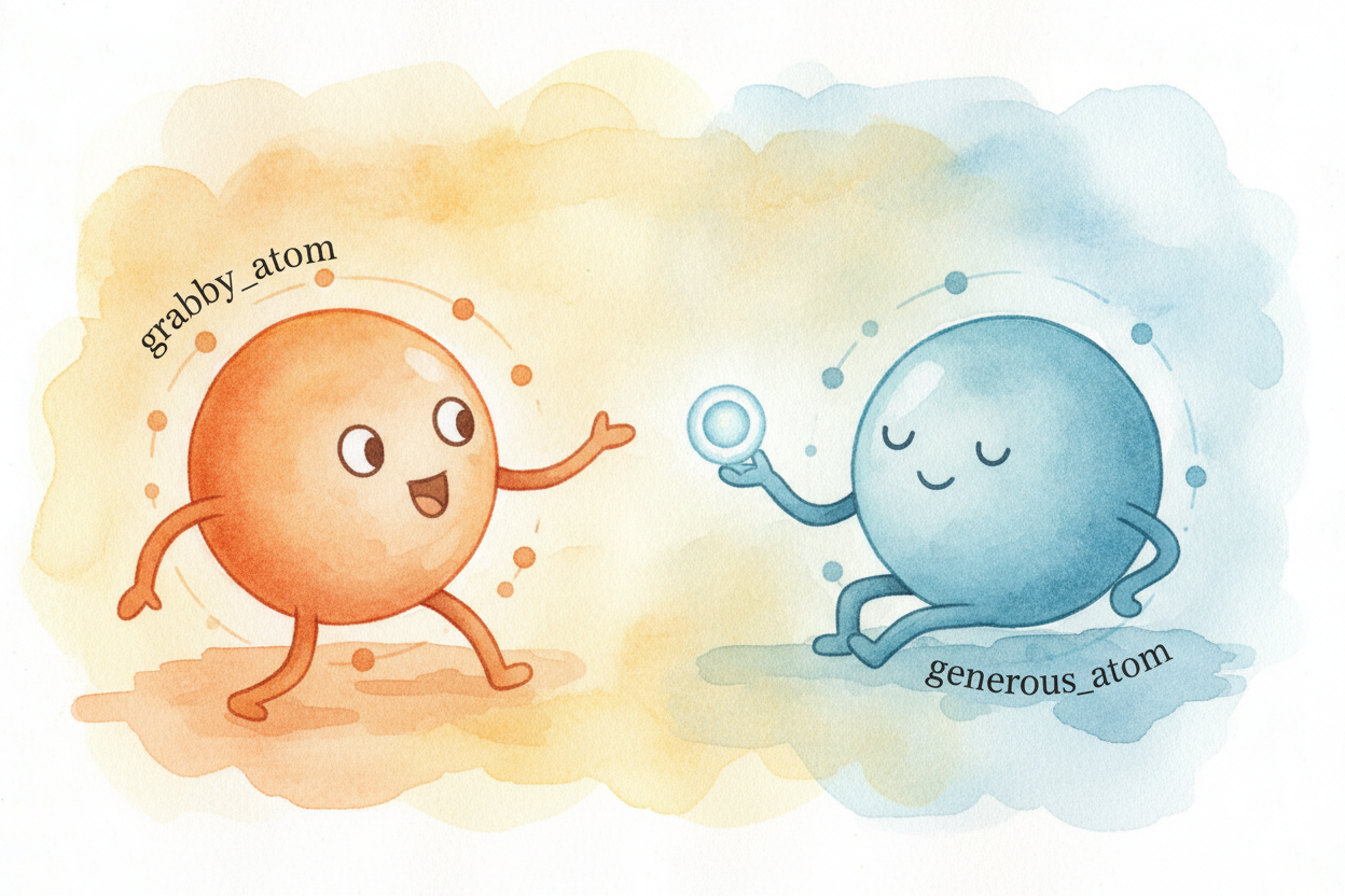 Now meet two very different personalities. ~~Some atoms are grabby~~ — they crave electrons and will **yank one right of