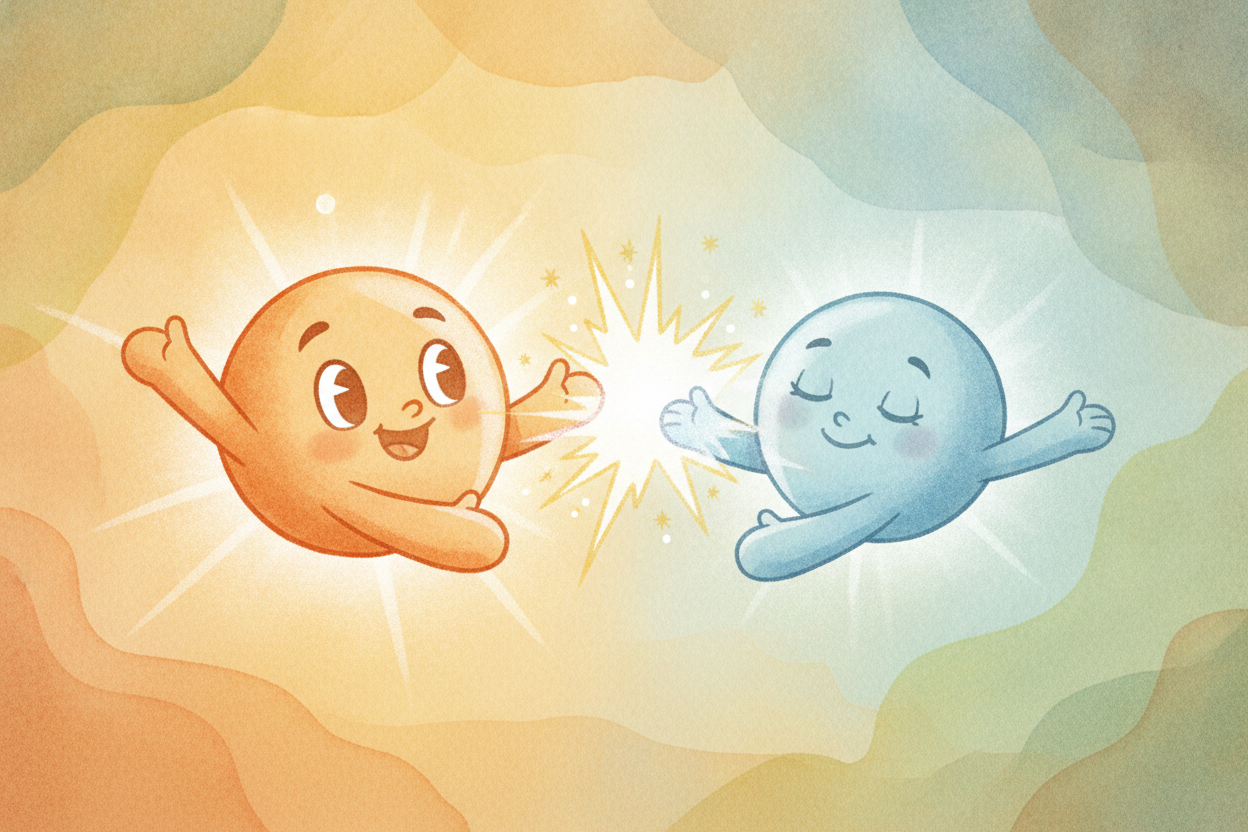 ~~Snatch!~~ The grabby atom takes the electron completely. That's an ++ionic bond++. Now one atom has an extra electron 