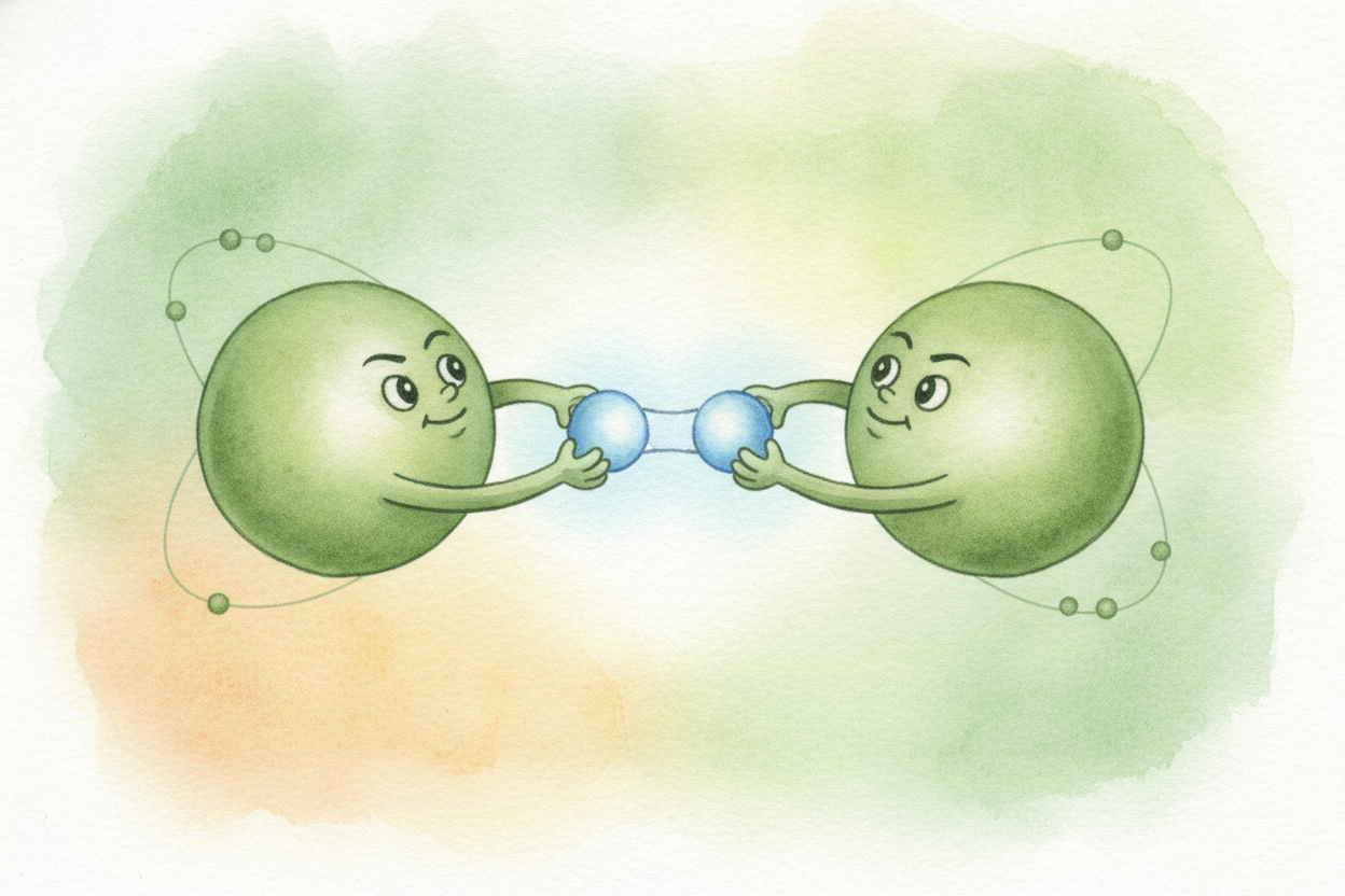But what if two atoms are ~~BOTH grabby~~? Neither one will give up an electron — and neither one can win the tug-of-war