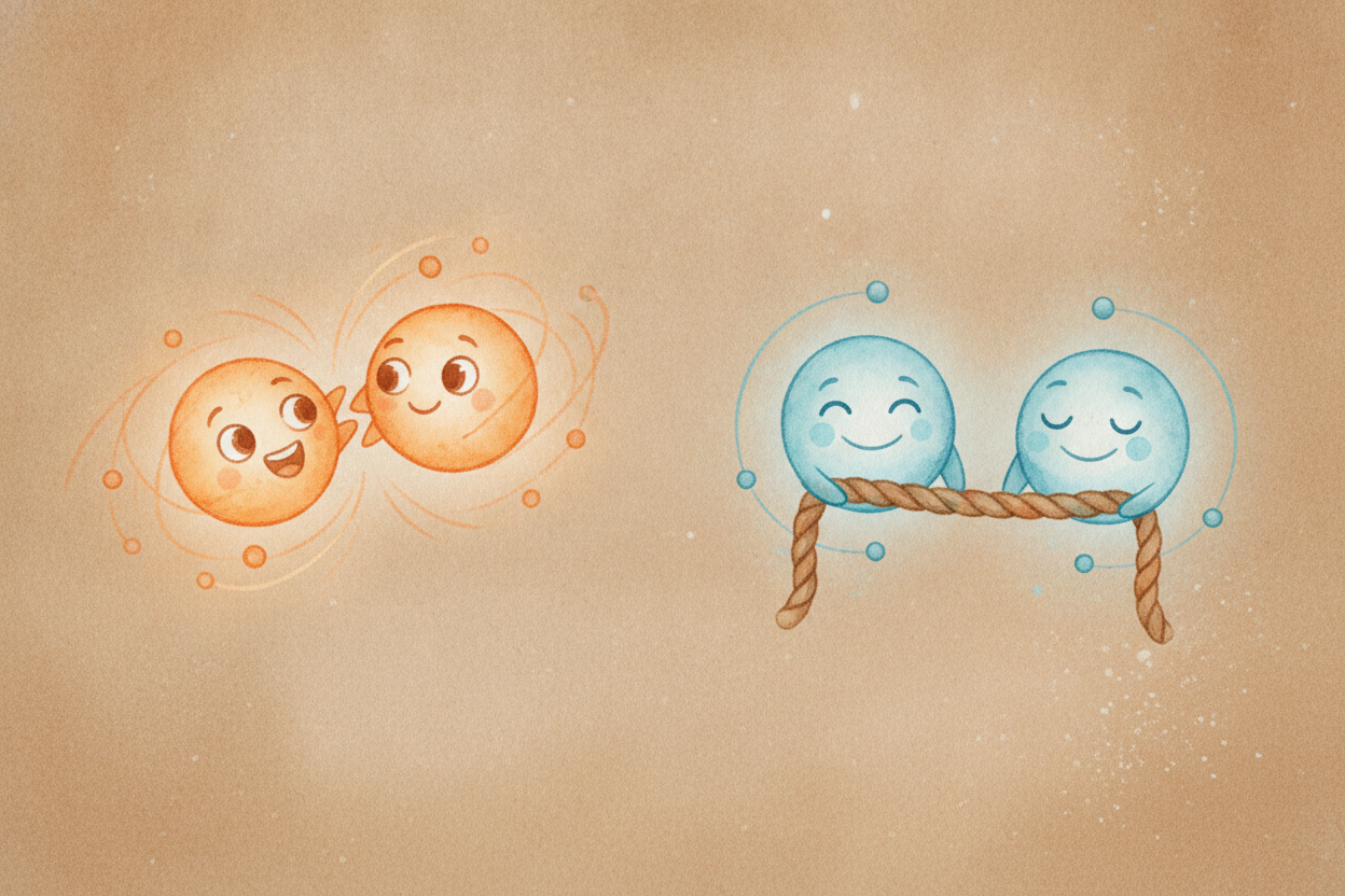 So that's the whole difference, and it's beautifully simple. ++Ionic bond++: one atom ~~STEALS~~ an electron, and the tw