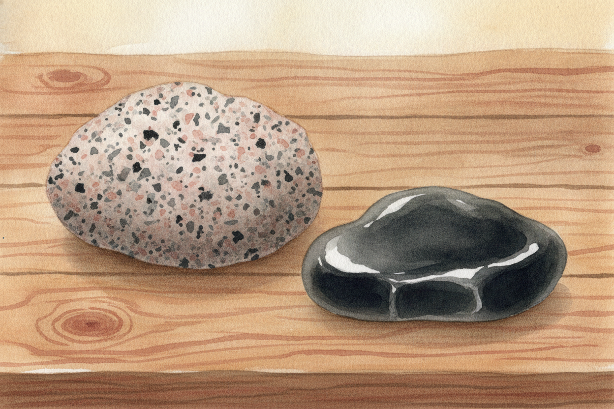 How fast the magma cools changes how the rock looks. **Cool it slowly**, deep underground, and big mineral crystals have