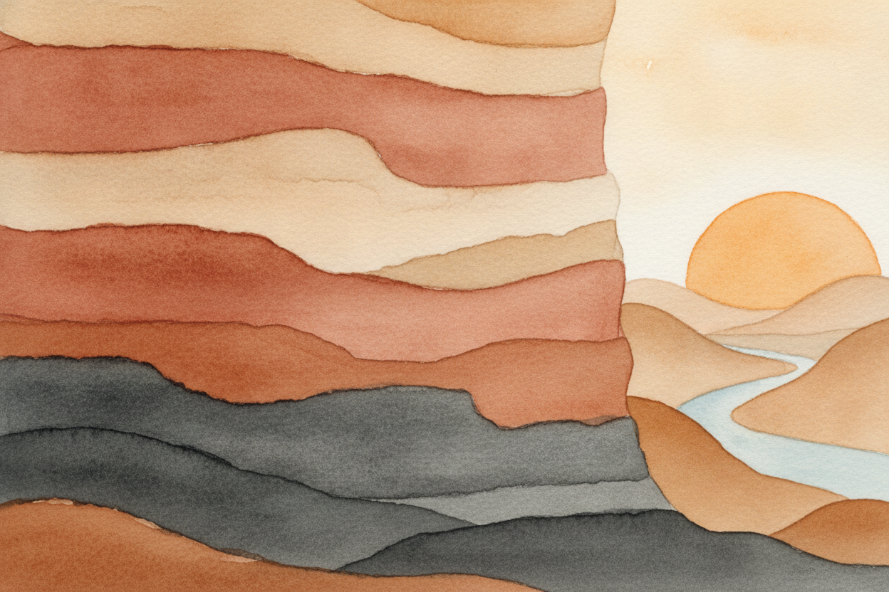 Over a very long time, those layers get *squeezed and glued together* into solid stone. That's a ++sedimentary rock++ — 