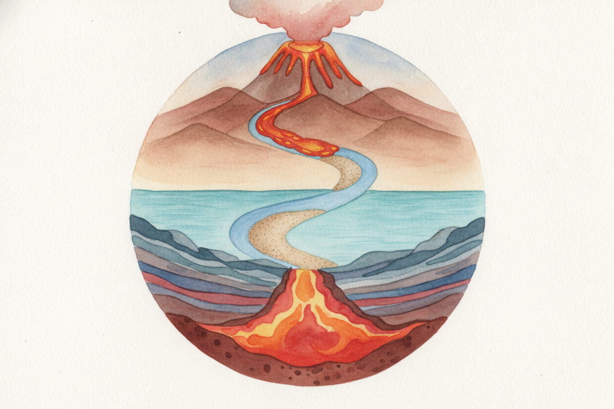 ~~Here's the best secret:~~ none of these stories ever really ends. A volcano makes igneous rock. Rain crumbles it into 