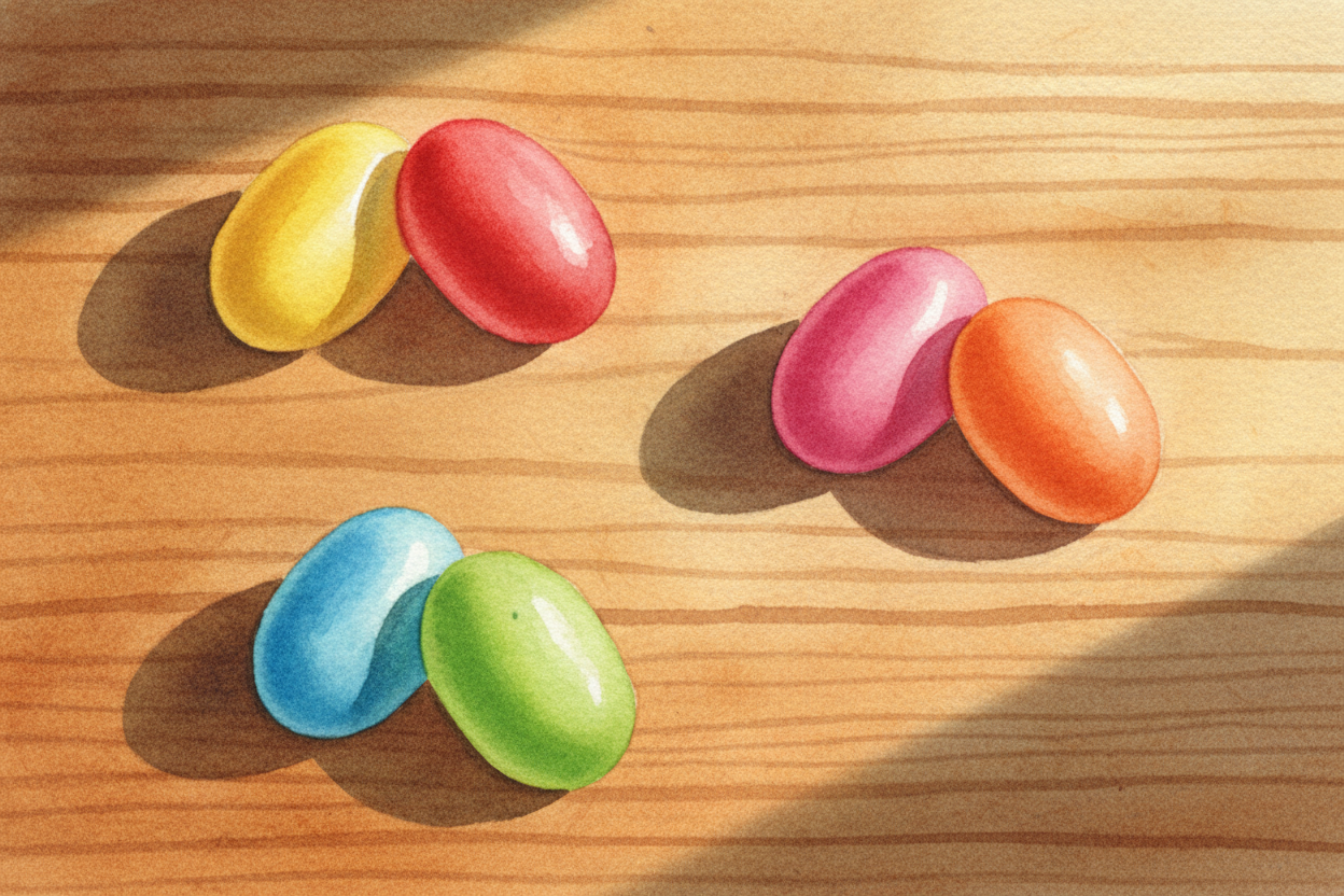 Let's start with six jellybeans. Push them together in twos. ~~One pair, two pairs, three pairs~~ — and look, **nobody i