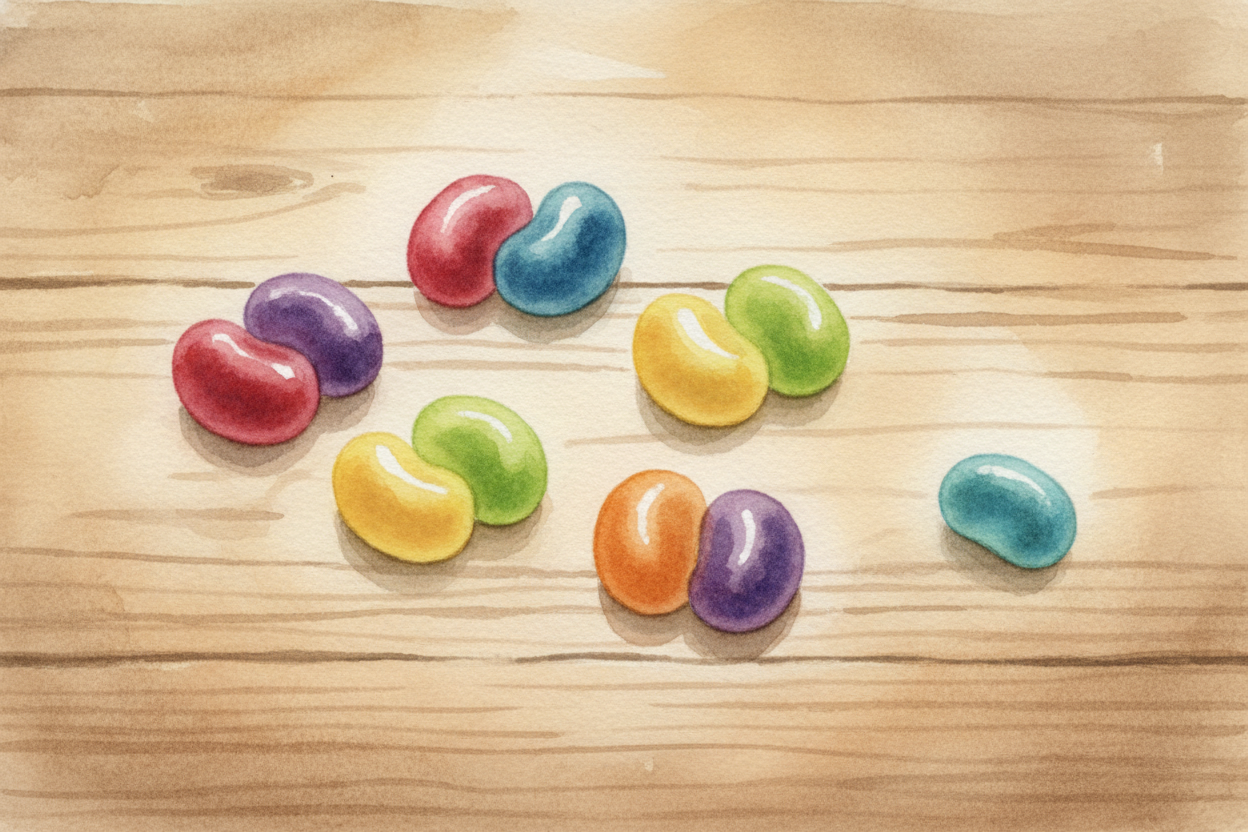 ~~Now try seven jellybeans.~~ Pair them up the same way — and three pairs form, but **one lonely jellybean** sits at the