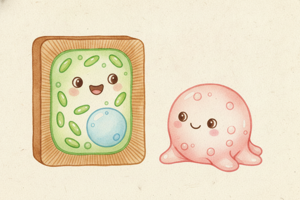 ~~Here's the first big one.~~ A plant cell wears armor. Outside its soft membrane sits a stiff cell wall, made of tough 