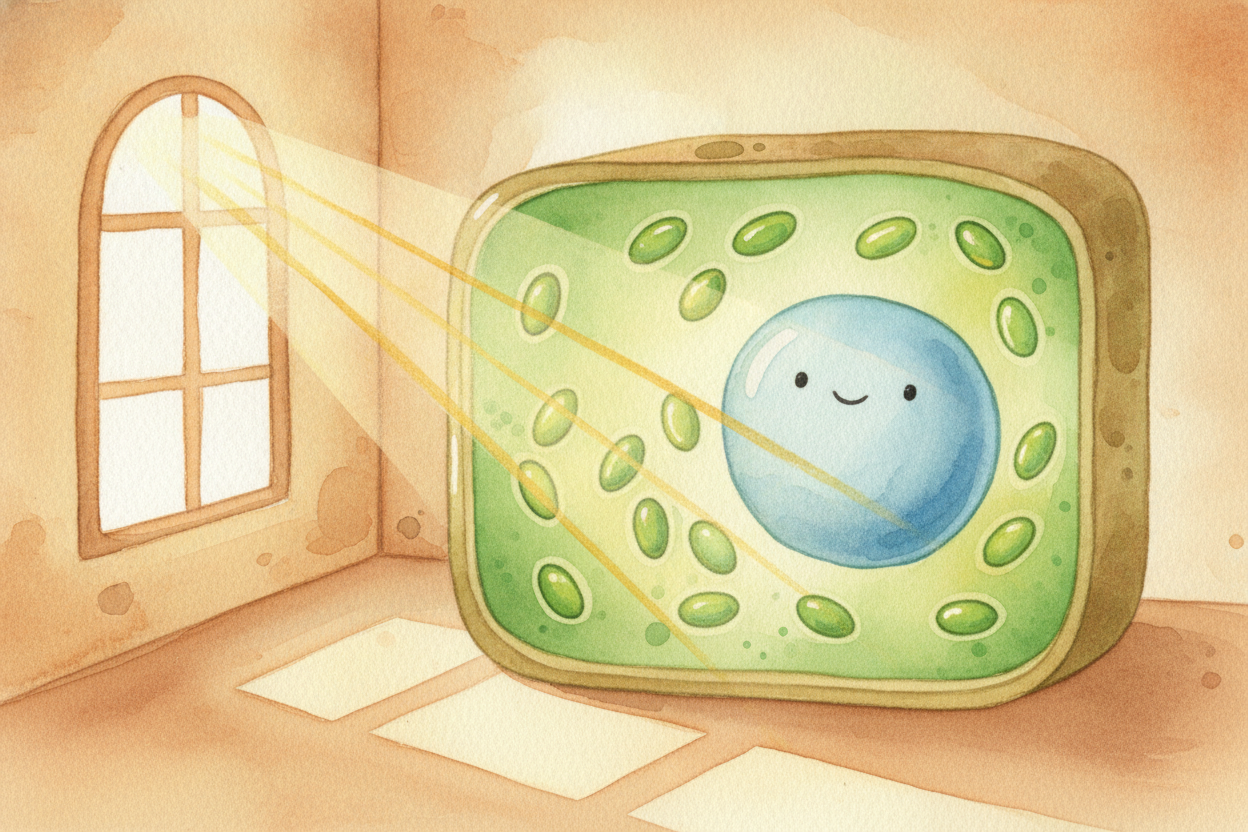 Now the showstopper: green machines called ++chloroplasts++. Only plant cells have them. These are the kitchens where th