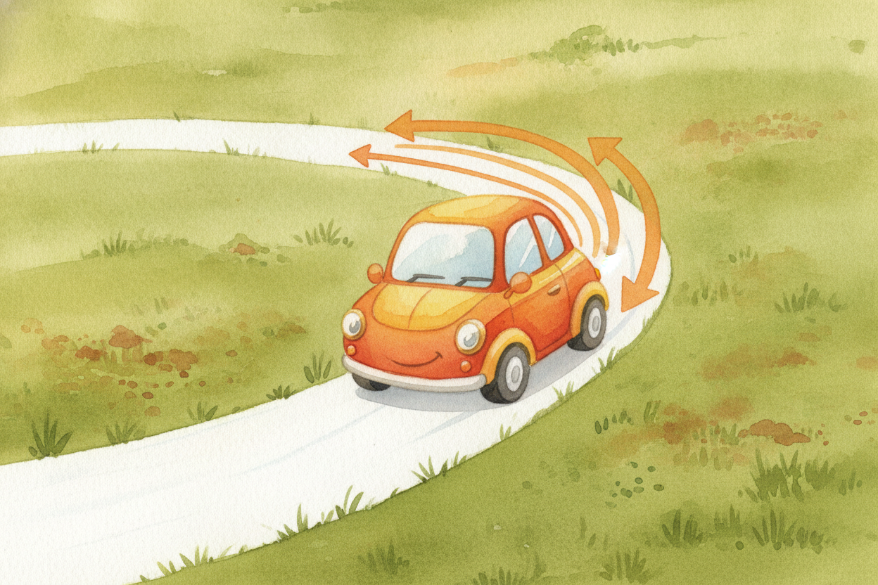 ~~Here's why direction matters so much.~~ Imagine our car going around a **perfectly round racetrack** at a steady 60. *
