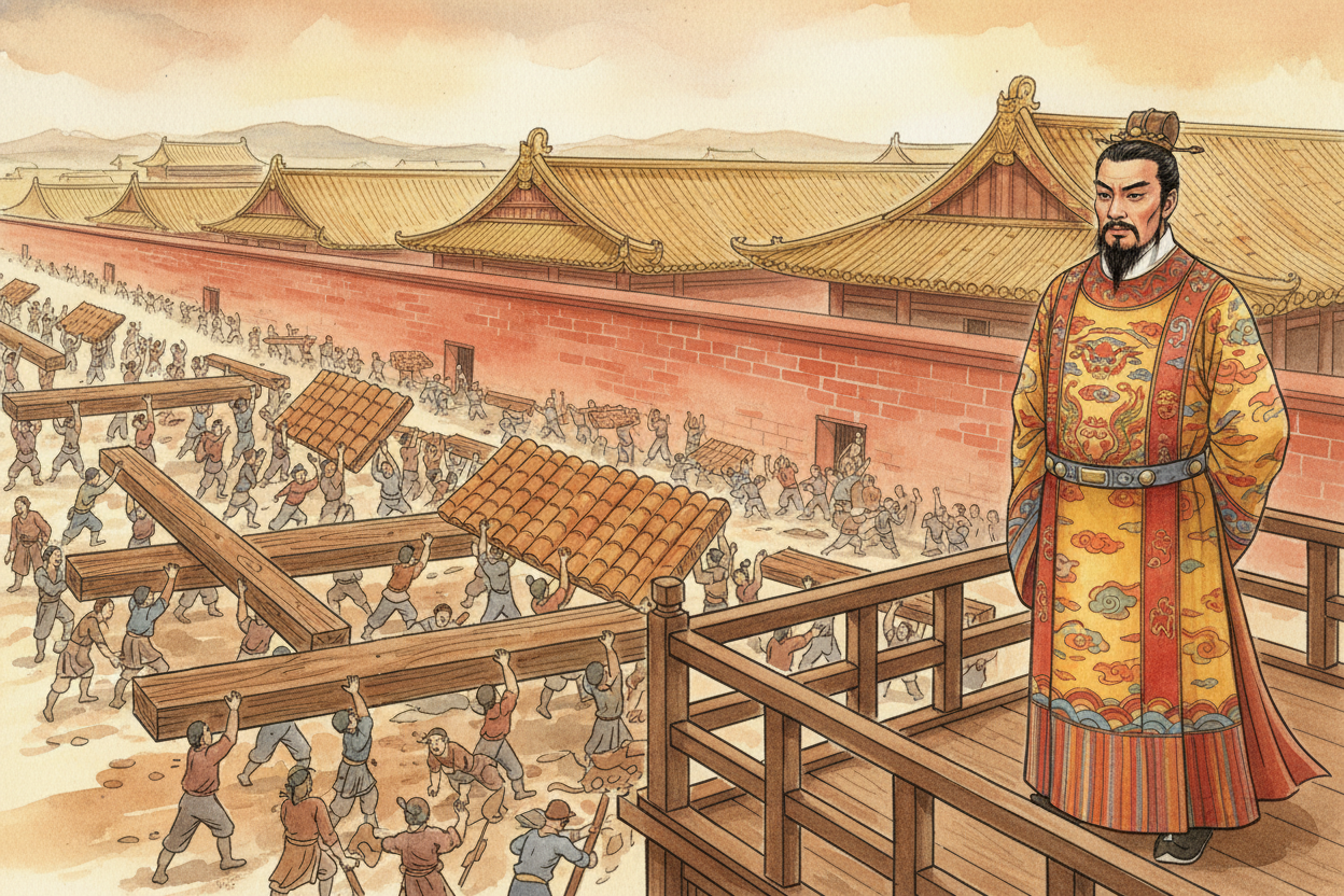 ++명나라++ 황제 ++영락제++는 1406년부터 ++자금성++을 짓기 시작했고, 공사는 14년이나 걸렸어요. 그는 그 궁전을 본 사람마다 '와, 황제는 거의 신 같은 사람이구나' 하고 생각하게 만들고 싶었어요. 그