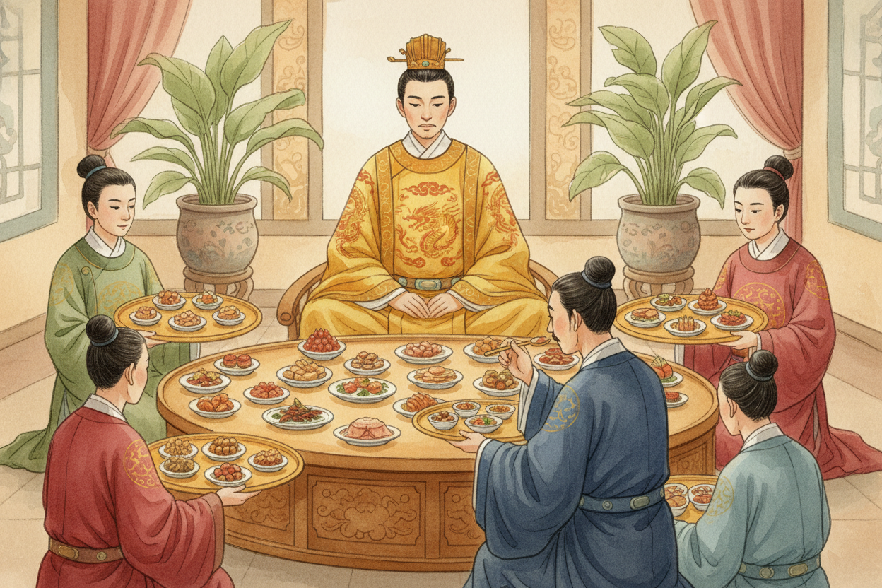 안에서는 모든 생활이 엄격한 규칙에 따라 움직였어요. 황제의 하루는 **분 단위로 짜여 있었지요**. 새벽에 일어나고, 의식을 치르고, 정부 보고서를 검토하고, 차리는 데만 한 시간이 걸리는 접시들에 담긴 식사를 했