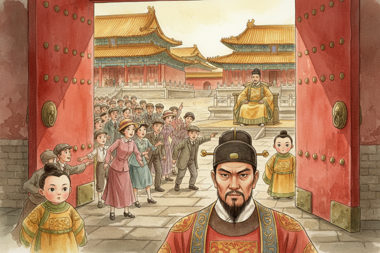 ++자금성++은 **1912년까지** 금지된 곳으로 남아 있었어요. 그해 ++중국++의 마지막 왕조가 무너졌고, 아직 어린아이였던 ++푸이++는 떠나야 했지요. 5세기 만에 처음으로 문이 삐걱거리며 열리고, 평범한 