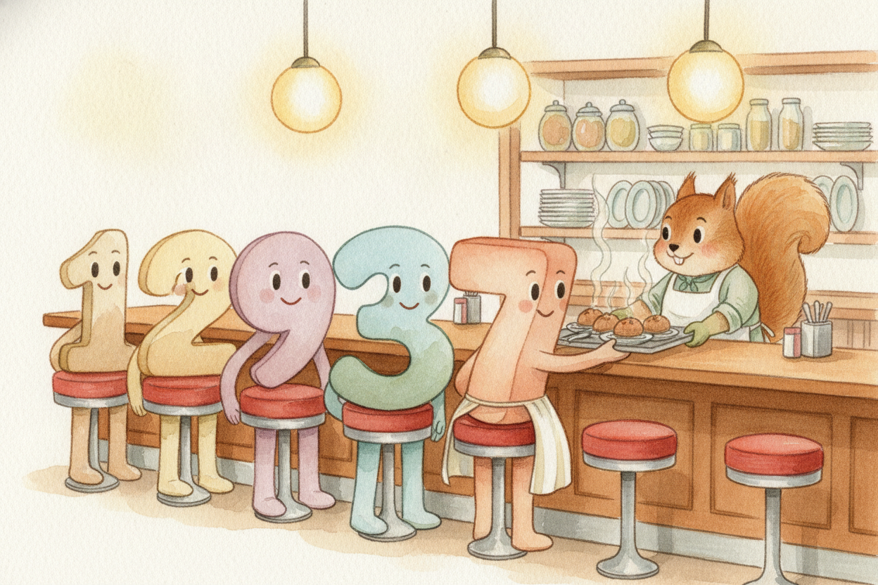그 규칙책에는 **점심 식당 카운터의 줄처럼** 차례가 있어요. 어떤 연산들은 *언제나 먼저* 해요. ~~앞에서 뒤까지 줄을 세워 보면 이래요:~~ ++괄호++, 그다음 ++지수++, 그다음 곱하기와 나누기, 마지막