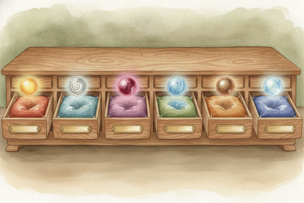 Each drawer holds one element — **one pure kind of atom** that can't be broken down into anything simpler. There are *ab