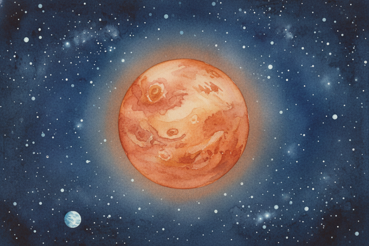Out beyond Earth, one planet over from us, hangs a small rusty world named ++Mars++. It glows a faint reddish-orange in 