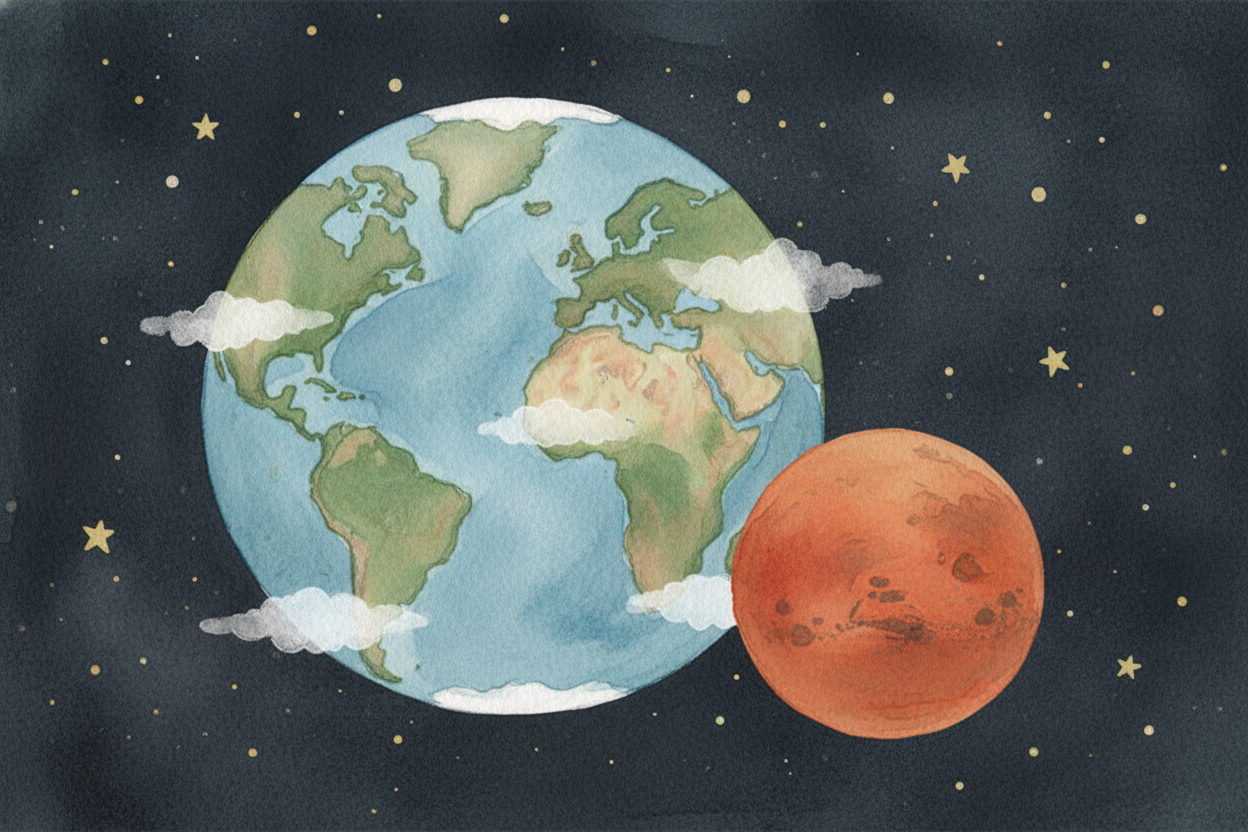 Mars is smaller than Earth — **about half as wide**. If Earth were a **basketball**, Mars would be a softball sitting be