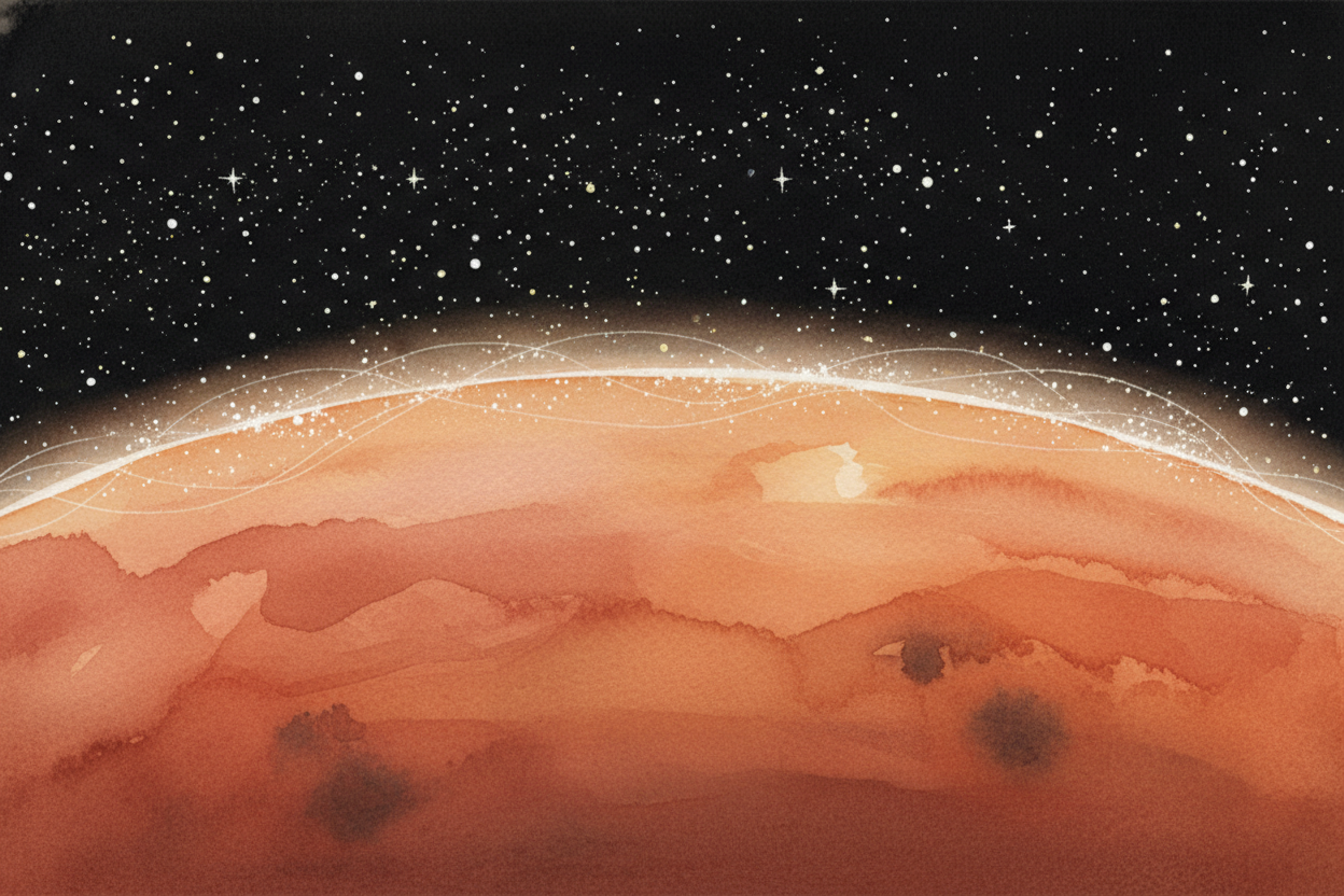 Speaking of that air — you couldn't breathe it. ++Mars'++ atmosphere is mostly carbon dioxide, the gas we breathe out, w