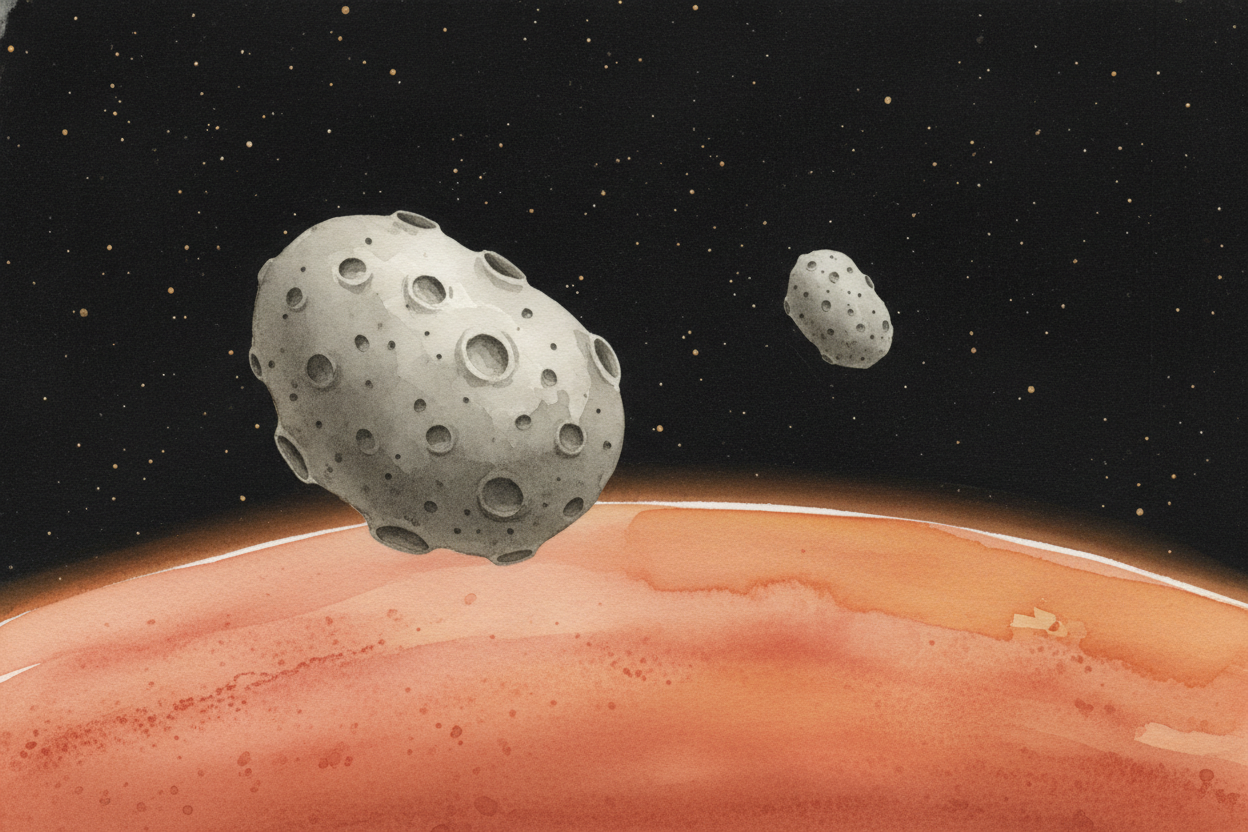 Mars also keeps a couple of tiny companions: two little lumpy moons named ++Phobos and Deimos++. They aren't grand round