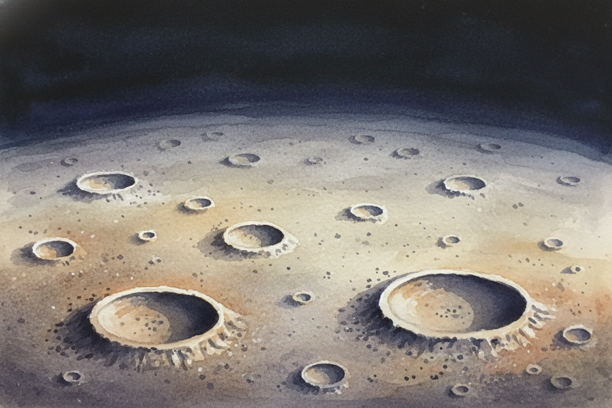 Up close, ++Mercury++ looks a lot like our ++Moon++: **grey, dusty, and covered in craters**. Those craters are dents le