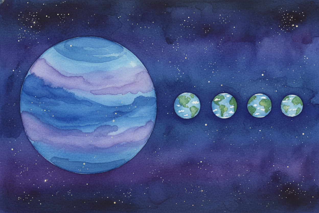 ~~First surprise:~~ Neptune is big. Really big. You could line up about **four Earths across its middle** and they'd fit