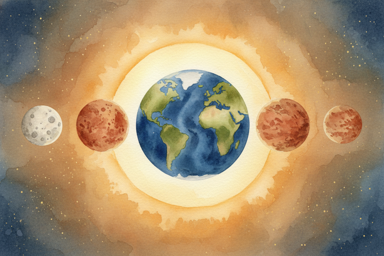 The four planets closest to the Sun are small and made of rock — ++Mercury, Venus, Earth, and Mars++. They're the **cozy