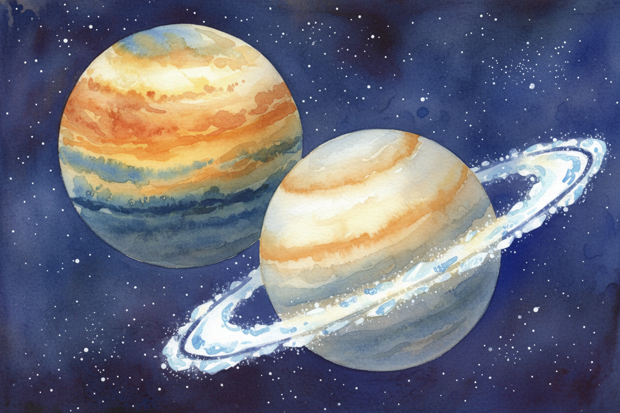 Travel farther out and the planets get huge and puffy. ++Jupiter++ and ++Saturn++ are **giant balls of gas** — no solid 