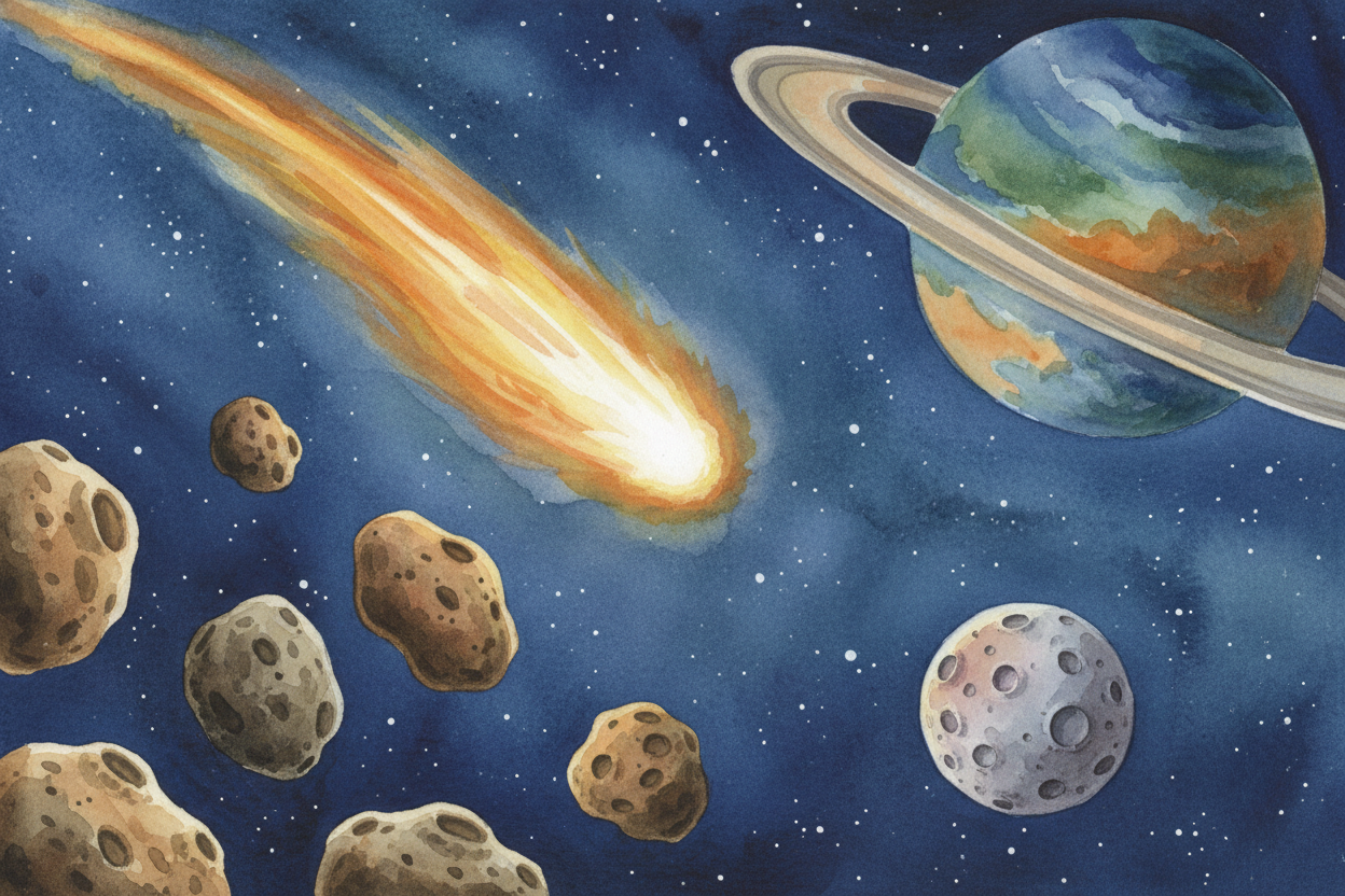 ~~But the solar system isn't only planets~~ — it's full of **odds and ends**. Moons circle the planets **like smaller gu
