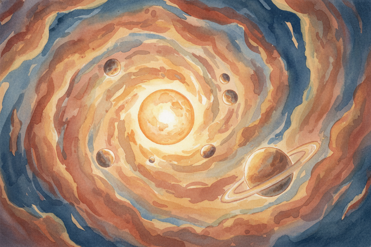 All of it — Sun, planets, moons, comets — was born together about **four and a half billion years ago**, from **one gian
