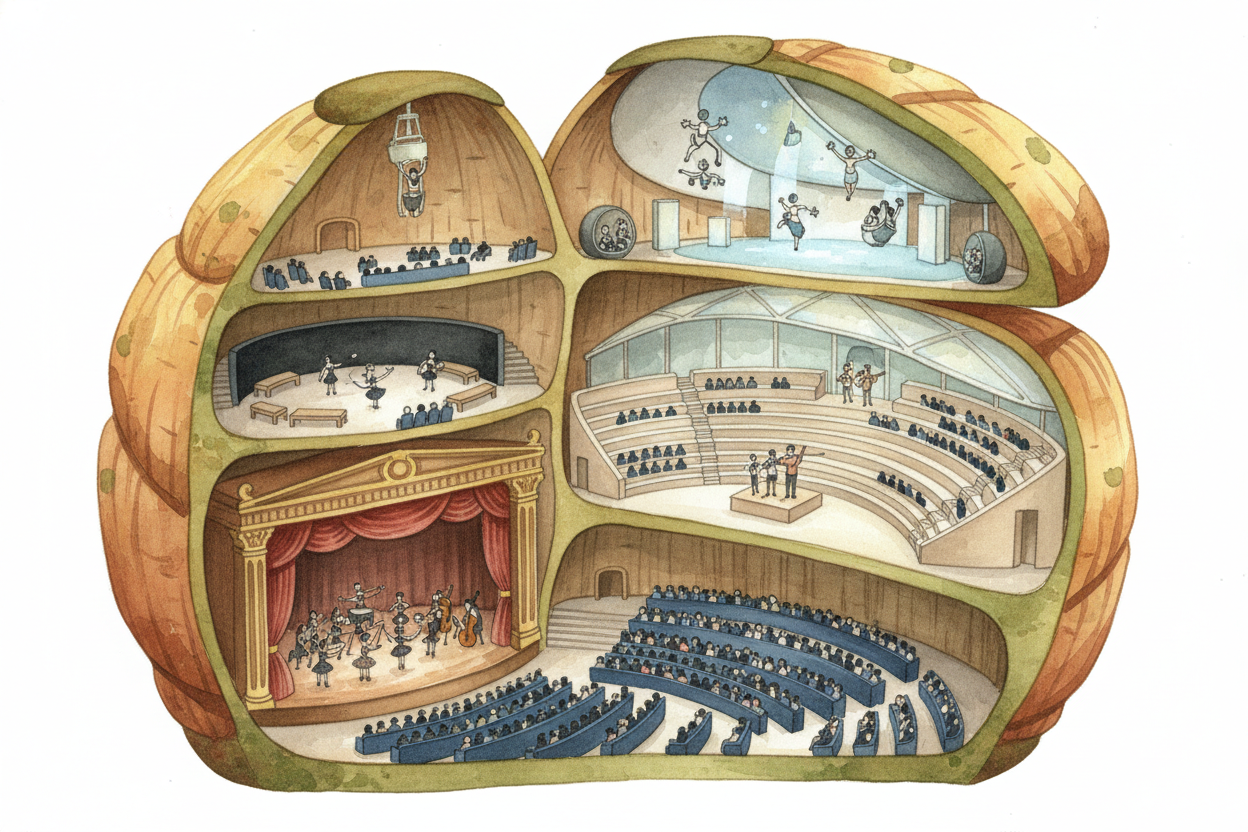 Inside, there are actually multiple theatres: a concert hall with 2,679 seats, an opera theatre, drama theatres, studios