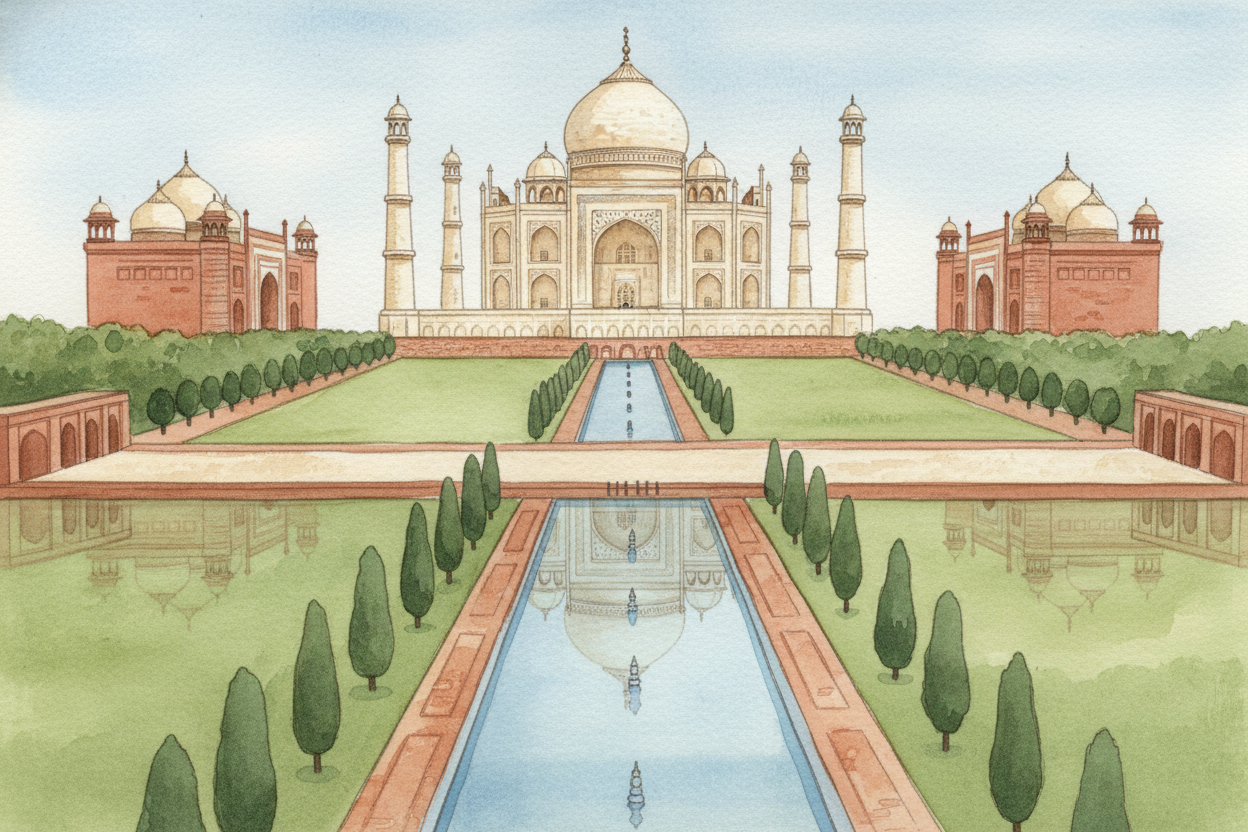 The building sits on a ++massive marble platform++ beside a river. In front of it stretches a long garden with fountains