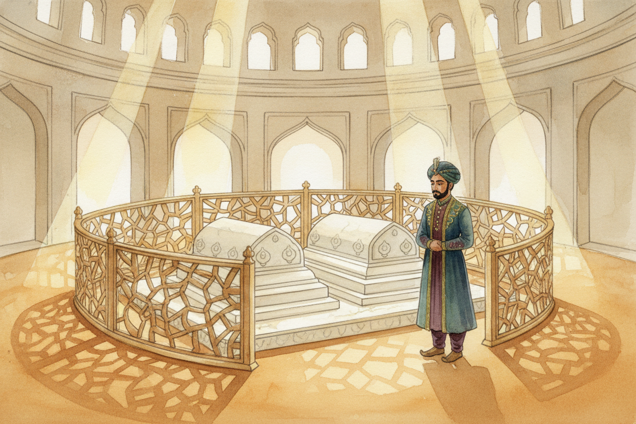 Inside the tomb, under the dome, are two cenotaphs — decorative markers that show where ++Shah Jahan++ and ++Mumtaz Maha