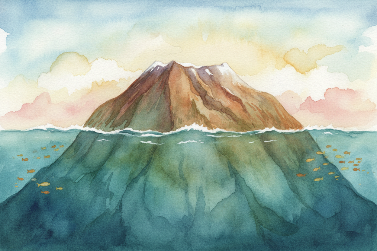 Enter ++Mauna Kea++, a volcano in Hawaii. Most of it is hiding underwater. From the ocean floor to its peak, Mauna Kea m