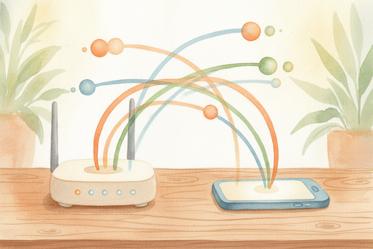 Your phone has its own tiny radio inside, listening. When it hears the router's voice, it shouts back: ~~"Got it! Send m