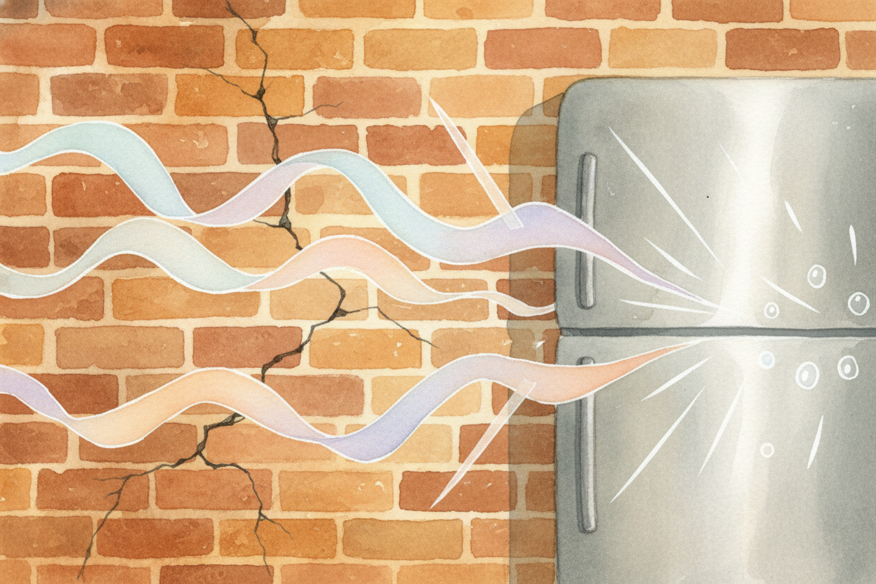 Walls slow Wi-Fi down, especially thick ones made of concrete or brick. The waves squeeze through, but they lose energy,