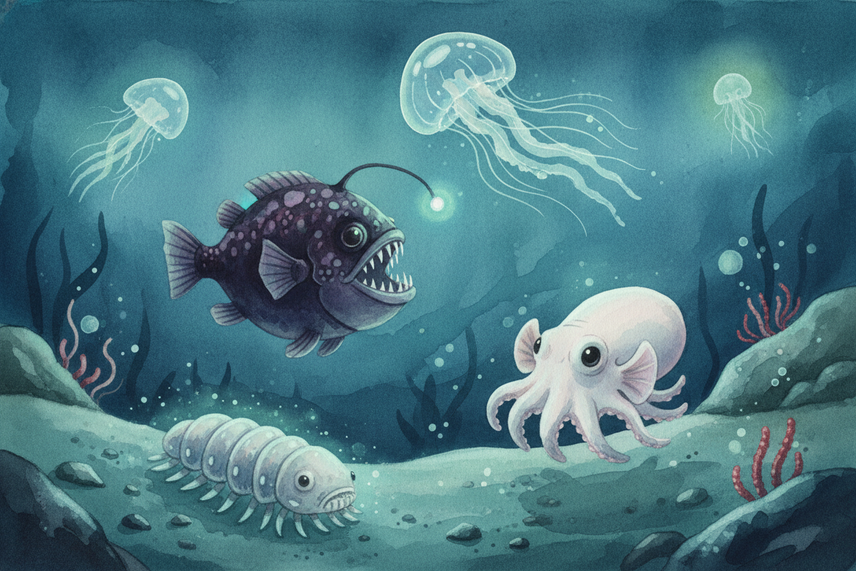 ~~So what lives at the bottom of the ocean?~~ Creatures that **glow in the dark**, *eat falling snow*, survive crushing 