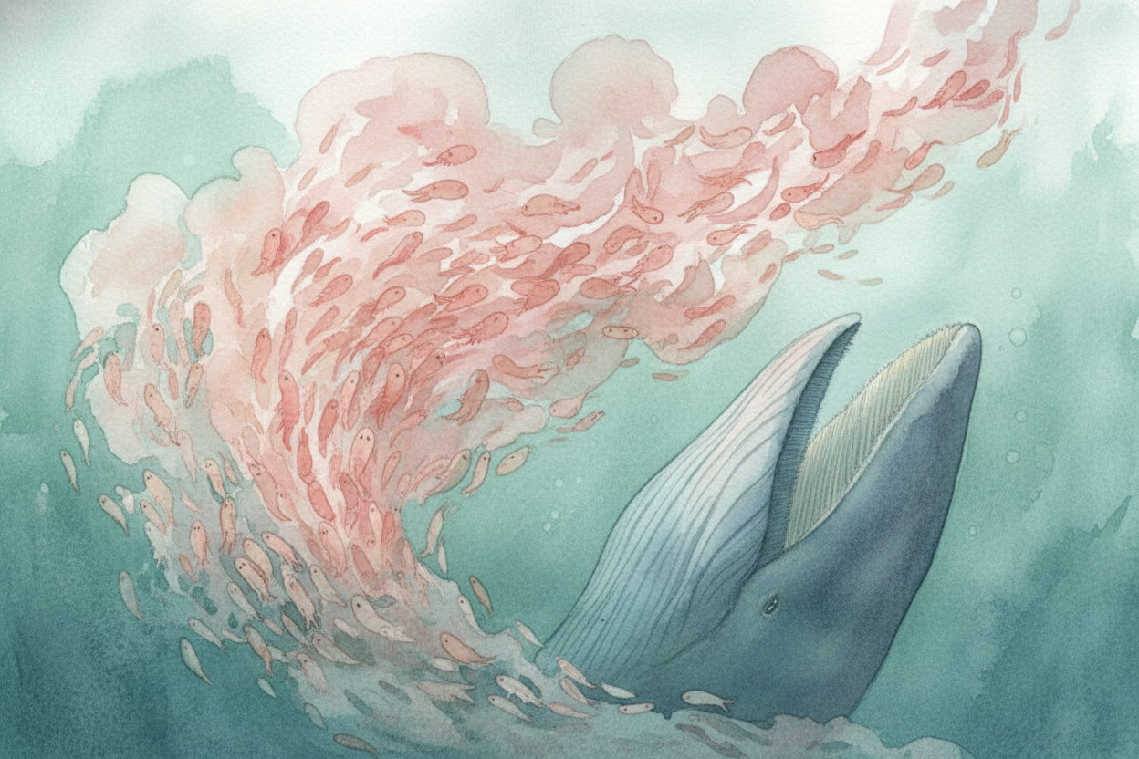 In the summer, the ice edges ~~explode with krill~~ — tiny shrimp-like creatures that swarm in **clouds so thick the oce