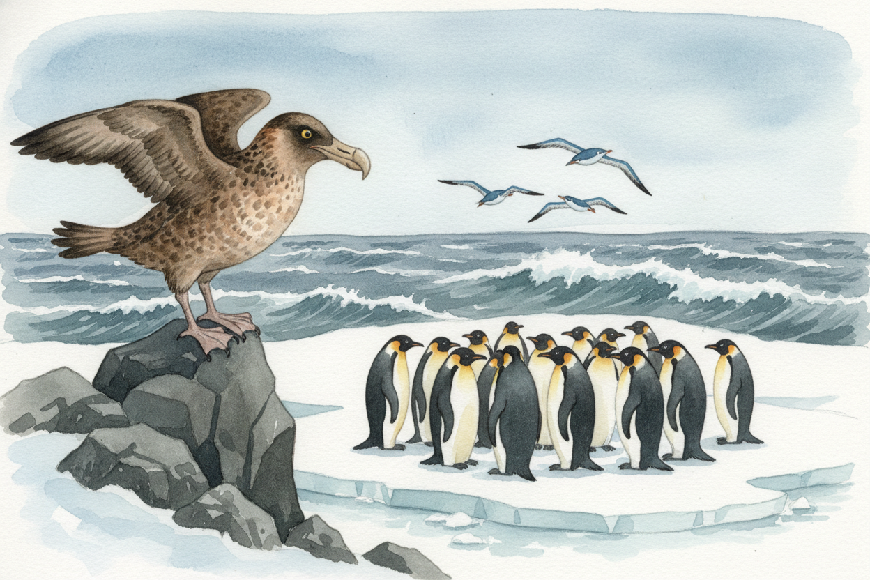 Seabirds nest on the rocky coasts. ~~Skuas patrol the penguin colonies like bandits~~, **waiting to snatch an unguarded 