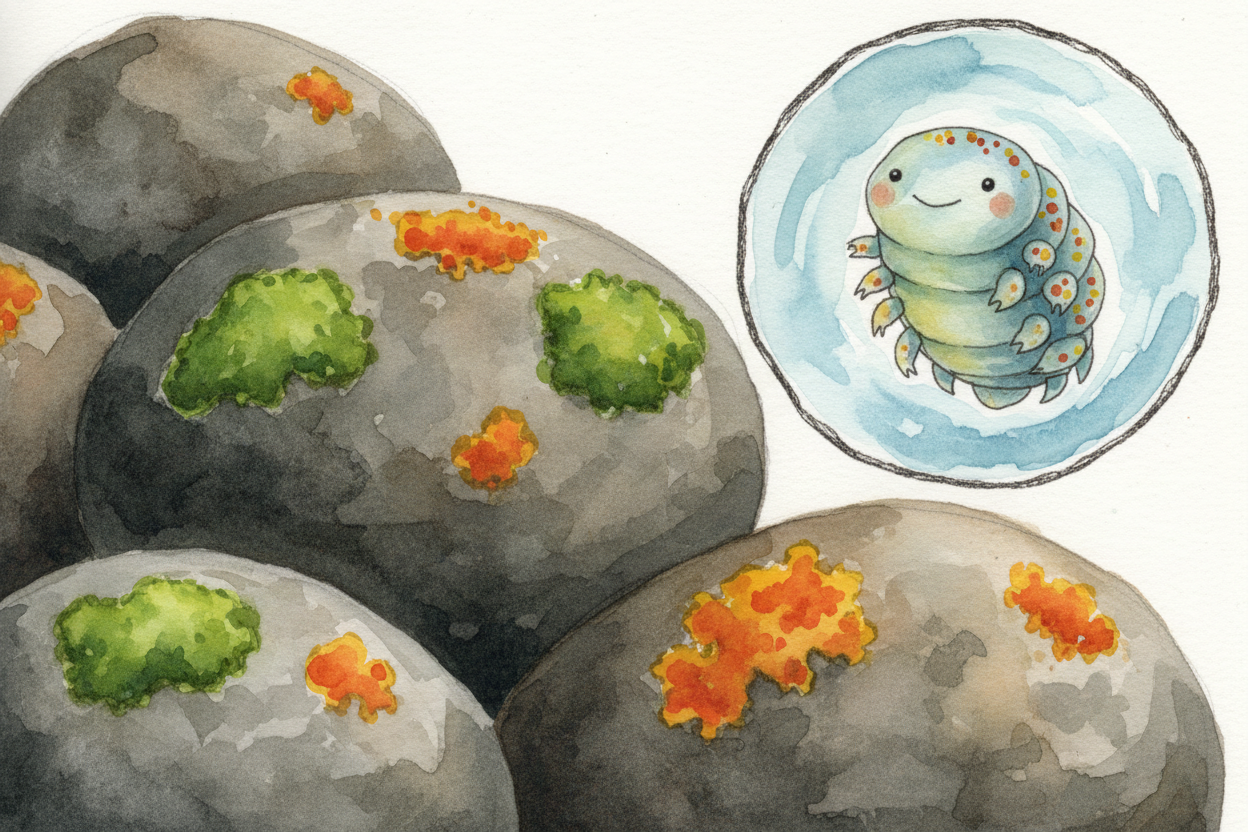 On land? Almost nothing. A few types of moss and lichen cling to rocks. Microscopic animals called ++tardigrades++ — ++w