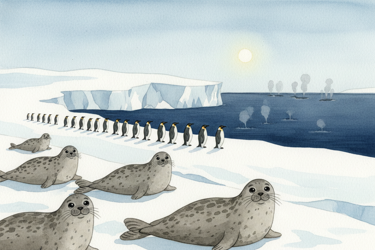 **No land animals** live year-round on the continent itself — _no polar bears, no foxes, no trees, no grass_. ~~But in t