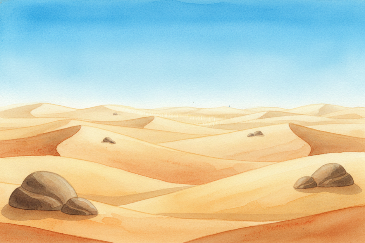 The desert looks empty at first — just sand, rocks, and sky baking in the sun. No trees. Barely any rain. You'd think no